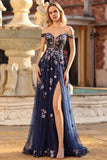 Off The Shoulder Grey Blue Floral A-Line Corset Sequins Long Prom Dress with Slit