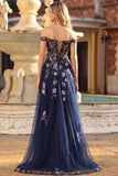 Off The Shoulder Grey Blue Floral A-Line Corset Sequins Long Prom Dress with Slit