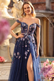 Off The Shoulder Grey Blue Floral A-Line Corset Sequins Long Prom Dress with Slit