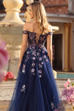 Off The Shoulder Grey Blue Floral A-Line Corset Sequins Long Prom Dress with Slit
