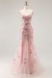 Blush Mermaid Corset Appliqued Lace Up Back Long Prom Dress with Sequins