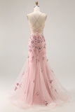 Blush Mermaid Corset Appliqued Lace Up Back Long Prom Dress with Sequins