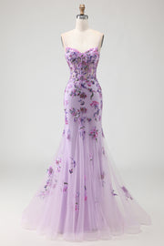 Purple Mermaid Corset Lace Up Back Appliqued Long Prom Dress with Sequins