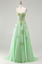 Green A-Line Corset Beaded Sequins Appliqued Long Prom Dress with Lace Up Back