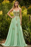 Green A-Line Corset Sequins Beaded Appliqued Long Prom Dress with Lace Up Back