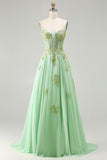 Green A-Line Corset Beaded Sequins Appliqued Long Prom Dress with Lace Up Back