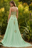 Green A-Line Corset Sequins Beaded Appliqued Long Prom Dress with Lace Up Back