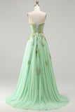 Green A-Line Corset Beaded Sequins Appliqued Long Prom Dress with Lace Up Back
