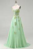 Green A-Line Corset Beaded Sequins Appliqued Long Prom Dress with Lace Up Back