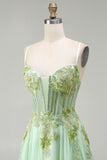 Green A-Line Corset Beaded Sequins Appliqued Long Prom Dress with Lace Up Back