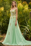 Green A-Line Corset Sequins Beaded Appliqued Long Prom Dress with Lace Up Back