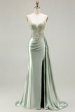 Green Mermaid Corset Beaded Ruched Side Streamer Sequins Long Prom Dress with Slit