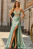 Mermaid Green Corset Beaded Ruched Side Streamer Sequins Long Prom Dress with Slit