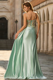Mermaid Green Corset Beaded Ruched Side Streamer Sequins Long Prom Dress with Slit
