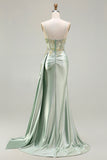 Green Mermaid Corset Beaded Ruched Side Streamer Sequins Long Prom Dress with Slit