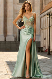 Mermaid Green Corset Beaded Ruched Side Streamer Sequins Long Prom Dress with Slit