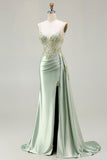 Green Mermaid Corset Beaded Ruched Side Streamer Sequins Long Prom Dress with Slit