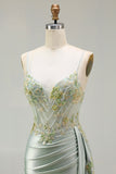 Green Mermaid Corset Beaded Ruched Side Streamer Sequins Long Prom Dress with Slit