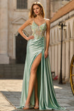 Mermaid Green Corset Beaded Ruched Side Streamer Sequins Long Prom Dress with Slit