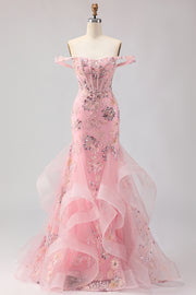 Off The Shoulder Blush Mermaid Corset Beaded Convertible Long Prom Dress with Sequins