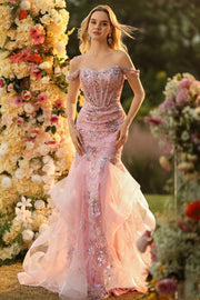 Blush Mermaid Off The Shoulder Corset Beaded Convertible Long Prom Dress with Sequins