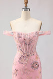 Off The Shoulder Blush Mermaid Corset Beaded Convertible Long Prom Dress with Sequins