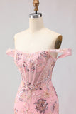 Off The Shoulder Blush Mermaid Corset Beaded Convertible Long Prom Dress with Sequins
