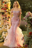 Blush Mermaid Off The Shoulder Corset Beaded Convertible Long Prom Dress with Sequins
