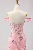 Off The Shoulder Blush Mermaid Corset Beaded Convertible Long Prom Dress with Sequins