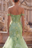 Green Mermaid Off The Shoulder Beaded Corset Convertible Long Prom Dress with Sequins
