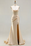 Champagne Mermaid Sweetheart Corset Beaded Ruched Long Prom Dress with Slit