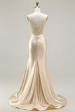 Champagne Mermaid Sweetheart Corset Beaded Ruched Long Prom Dress with Slit
