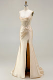 Champagne Mermaid Sweetheart Corset Beaded Ruched Long Prom Dress with Slit