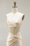 Champagne Mermaid Sweetheart Corset Beaded Ruched Long Prom Dress with Slit
