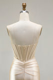 Champagne Mermaid Sweetheart Corset Beaded Ruched Long Prom Dress with Slit
