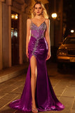 Sparkly Dark Purple Mermaid Corset Beaded Lace Up Back Long Prom Dress with Slit
