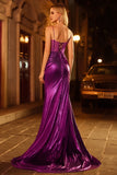 Sparkly Dark Purple Mermaid Corset Beaded Lace Up Back Long Prom Dress with Slit