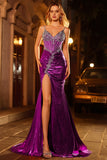 Sparkly Dark Purple Mermaid Corset Beaded Lace Up Back Long Prom Dress with Slit
