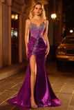 Sparkly Dark Purple Mermaid Corset Beaded Lace Up Back Long Prom Dress with Slit