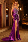 Sparkly Dark Purple Mermaid Corset Beaded Lace Up Back Long Prom Dress with Slit