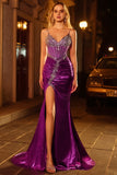Sparkly Dark Purple Mermaid Corset Beaded Lace Up Back Long Prom Dress with Slit
