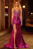 Metallic Golden Beaded Mermaid Corset Long Prom Dress with Slit