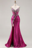 Sparkly Dark Purple Mermaid Corset Beaded Lace Up Back Long Prom Dress with Slit