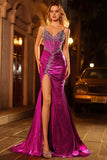 Metallic Golden Beaded Mermaid Corset Long Prom Dress with Slit
