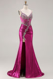 Sparkly Dark Purple Mermaid Corset Beaded Lace Up Back Long Prom Dress with Slit