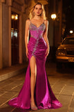 Metallic Golden Beaded Mermaid Corset Long Prom Dress with Slit