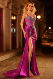 Metallic Golden Beaded Mermaid Corset Long Prom Dress with Slit