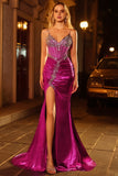 Metallic Golden Beaded Mermaid Corset Long Prom Dress with Slit