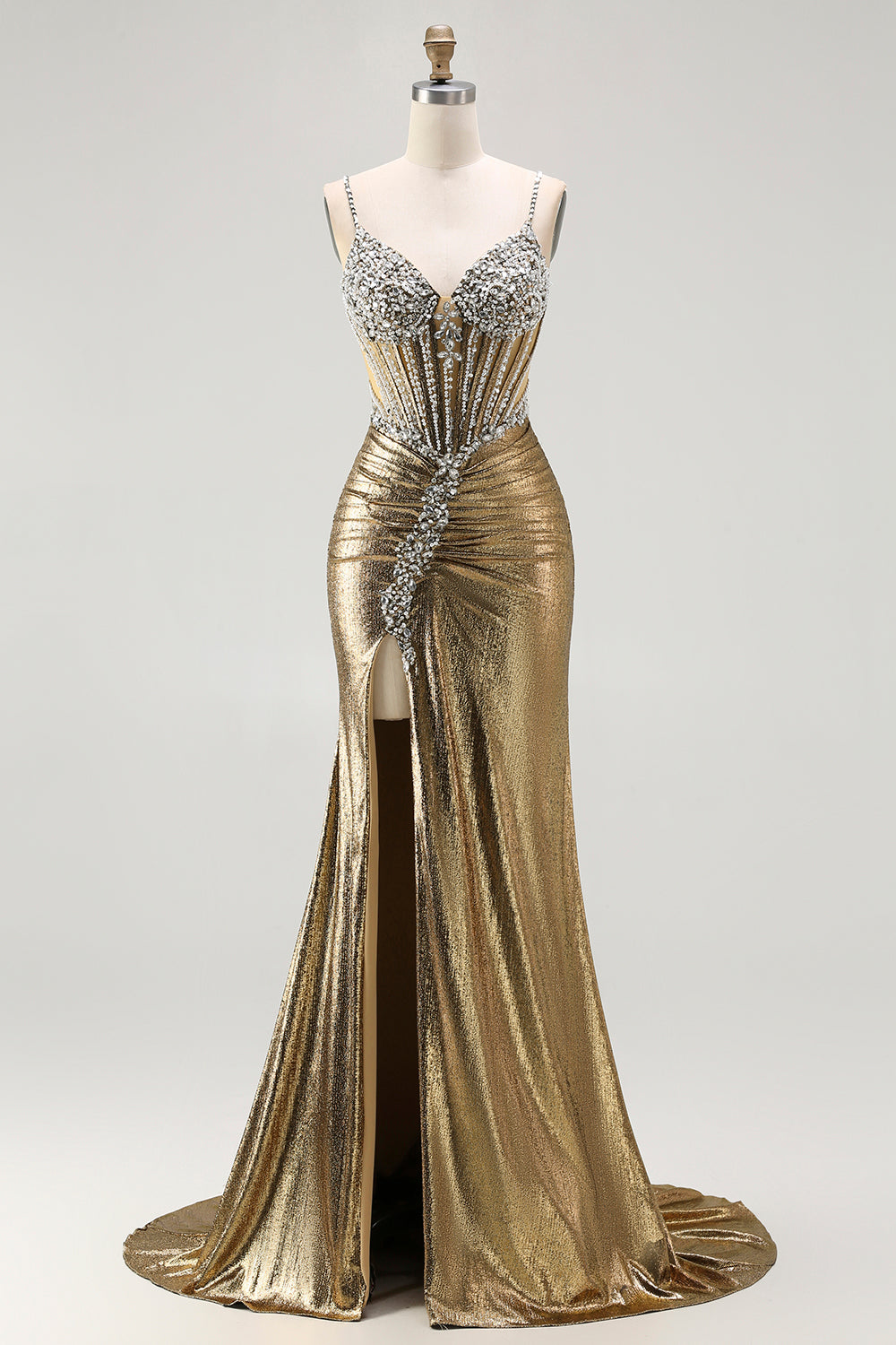 WEDTREND Women Metallic Golden Long Prom Dress Beaded Mermaid Corset Party Dress with Slit WEDTREND Women Metallic Golden Long Prom Dress Beaded Mermaid Corset Party Dress with Slit