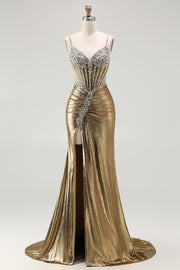Metallic Golden Beaded Mermaid Corset Long Prom Dress with Slit